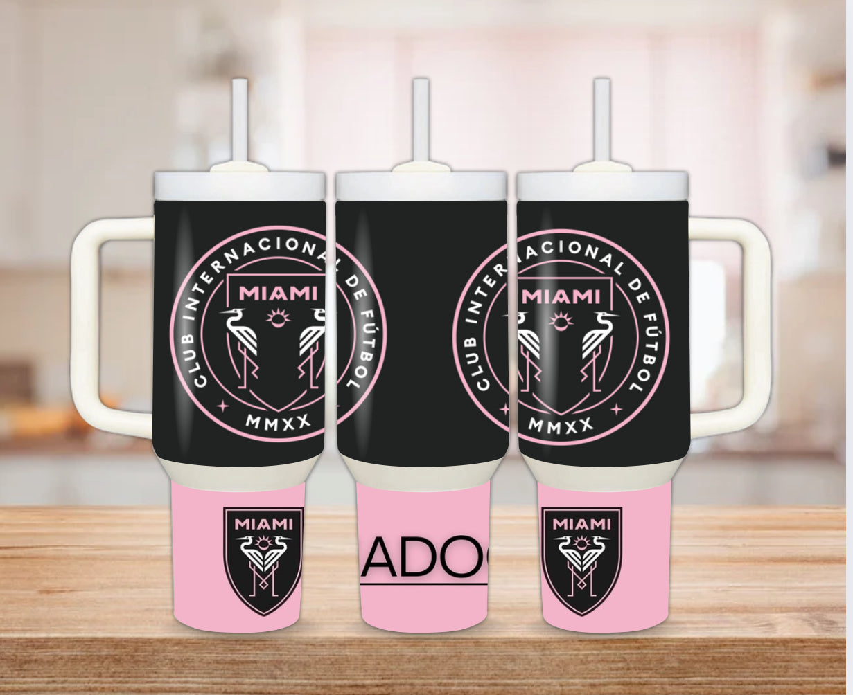 Personalized Inter Miami 30 or 40 oz Tumbler with Handle – Messi Soccer Cup – Custom Stainless Steel Water Bottle – Gift for Soccer Fans & Athletes