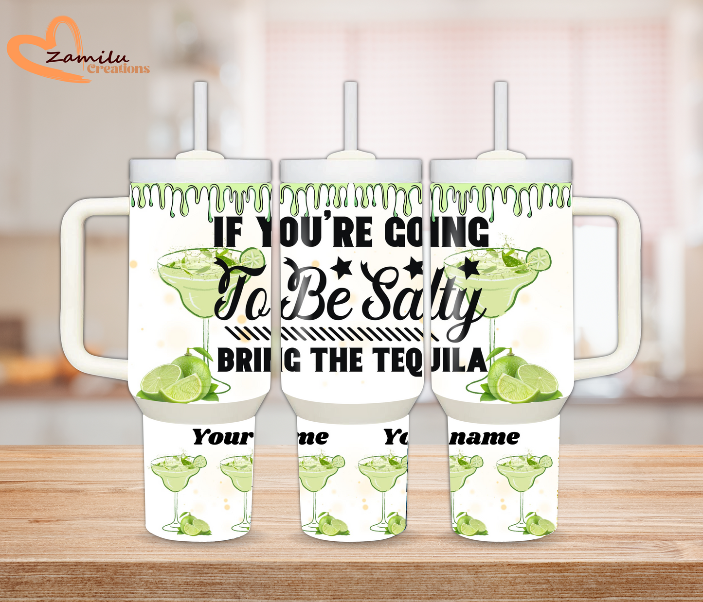 Personalized tumbler with handle, margaritas por favor