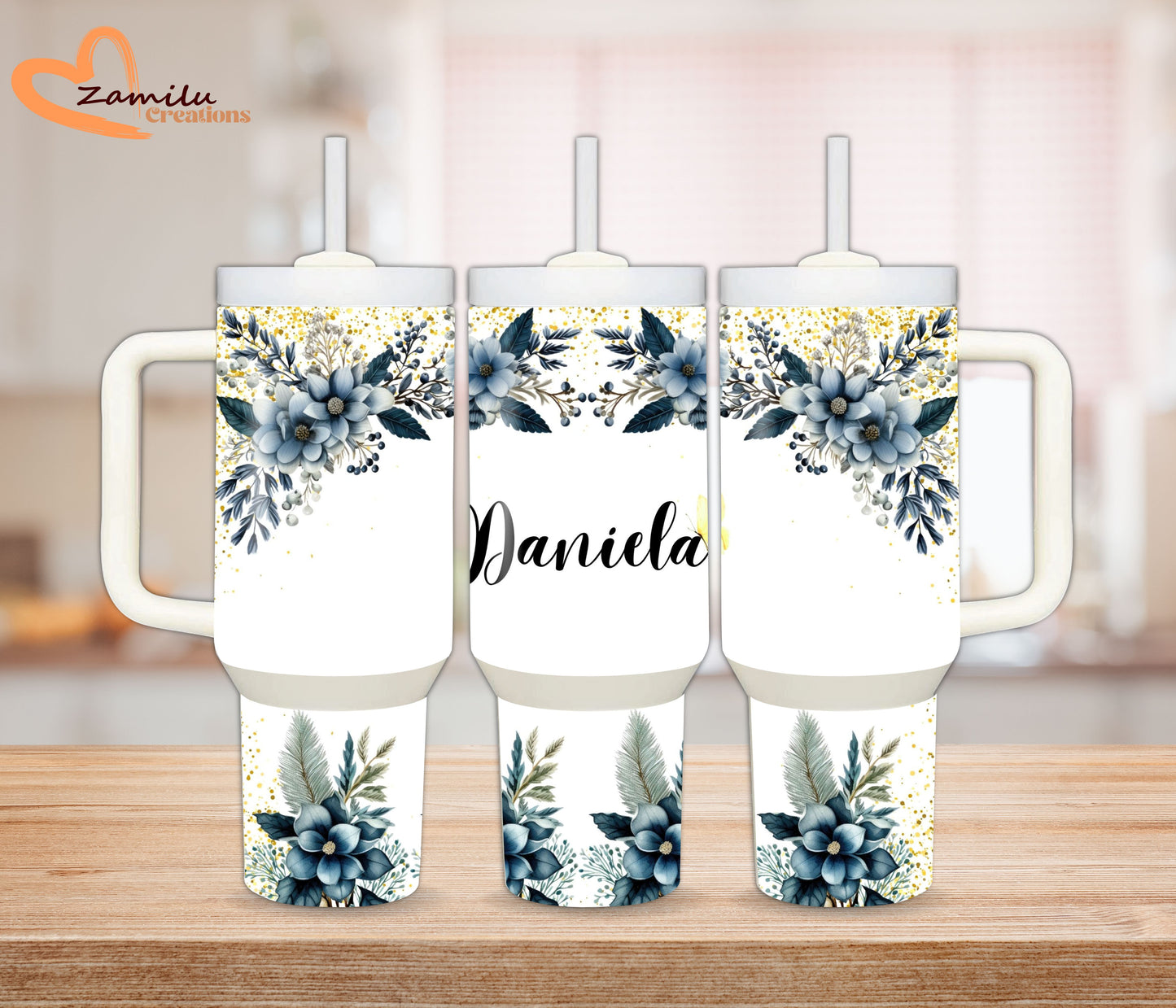 Blue Flowers with your name, 30oz - 40Oz Personalized name Tumbler