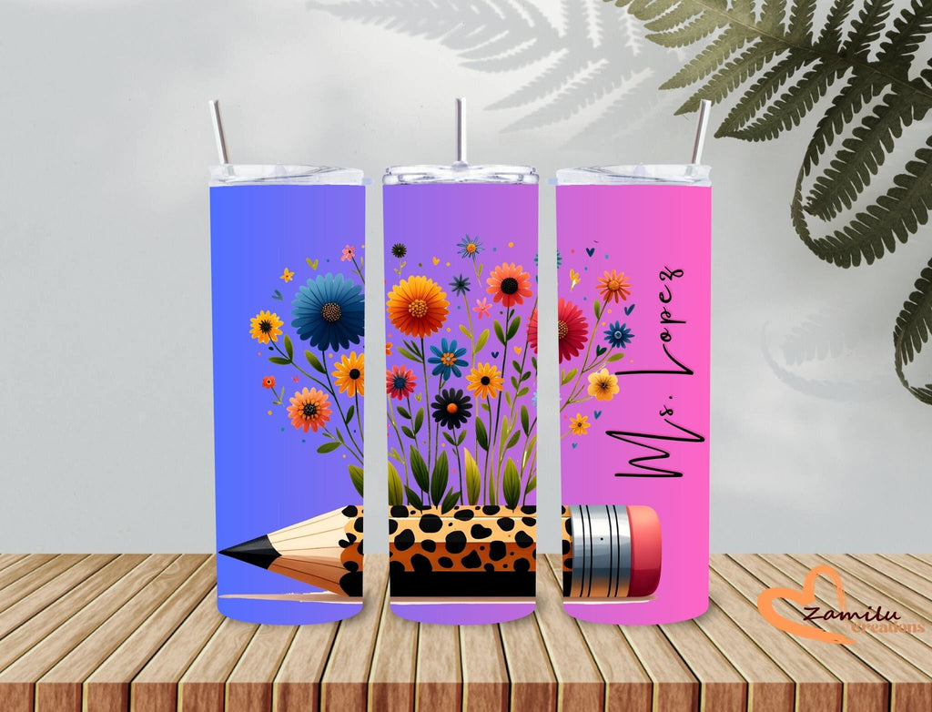 Personalized Floral Teacher Tumbler 20oz | Custom Name Water Bottle | Back to School Gift | Teacher Appreciation Cup with Pencil Design