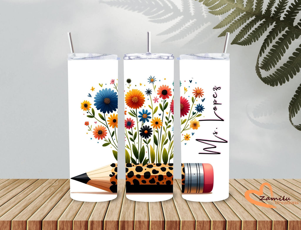 Personalized Floral Teacher Tumbler 20oz | Custom Name Water Bottle | Back to School Gift | Teacher Appreciation Cup with Pencil Design