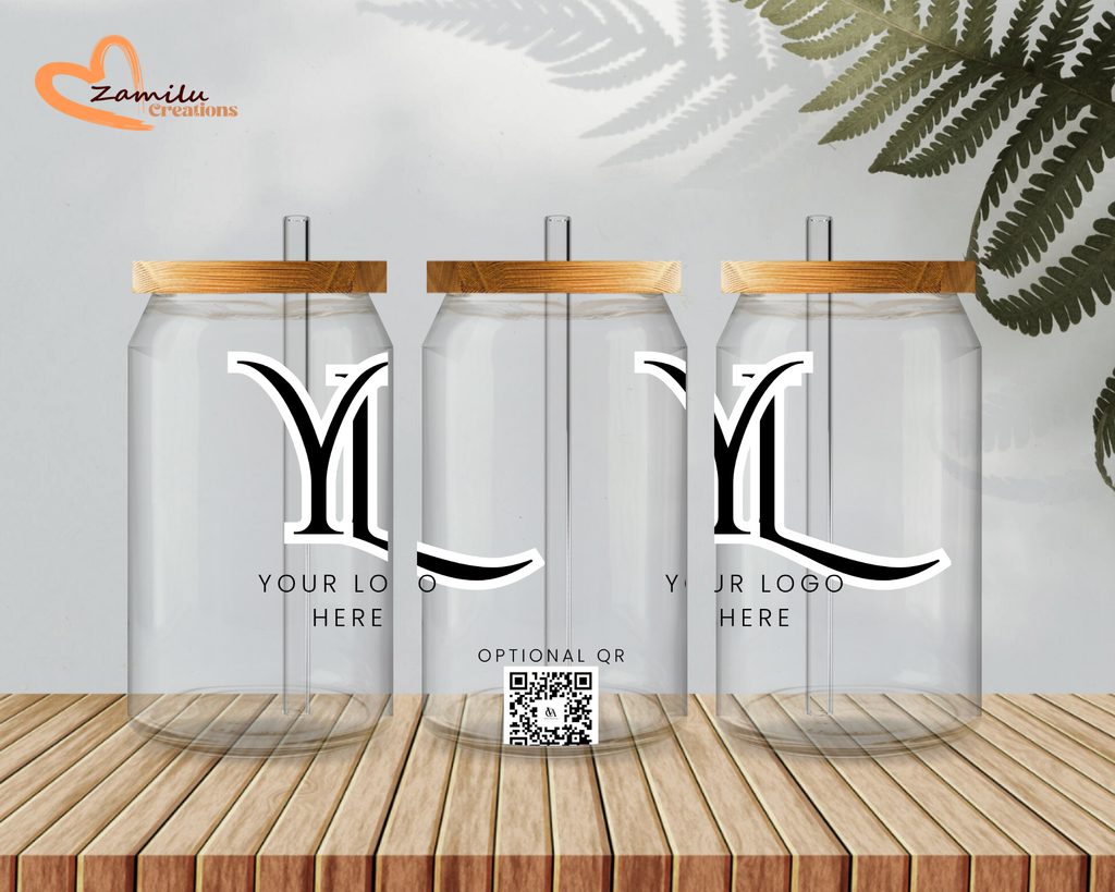 Custom logo glass cup with bamboo lid and straw
Branded glass tumbler with business logo design
Personalized glass cup with QR code for business
Custom coffee glass cup for small business branding
Logo drinkware reusable glass cup 16oz