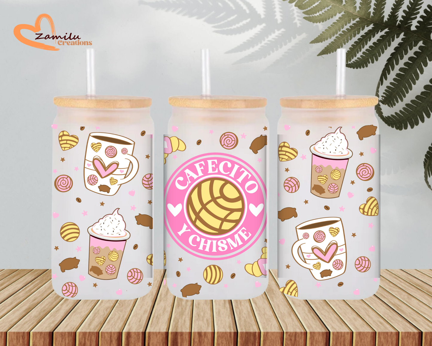 Personalized Iced Coffee Glass Cup with Bamboo Lid & Straw – Custom Frosted or Clear Floral Can Glass (16 oz)