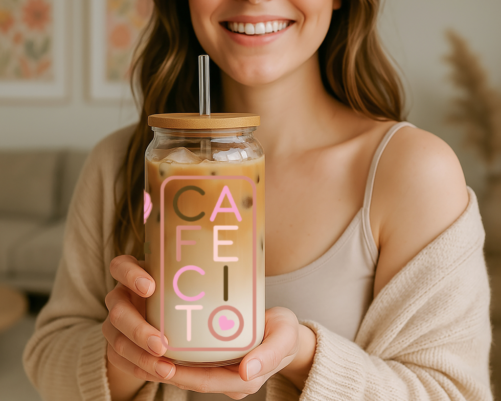 Personalized Iced Coffee Glass Cup with Bamboo Lid & Straw – Custom Frosted or Clear Floral Can Glass (16 oz)