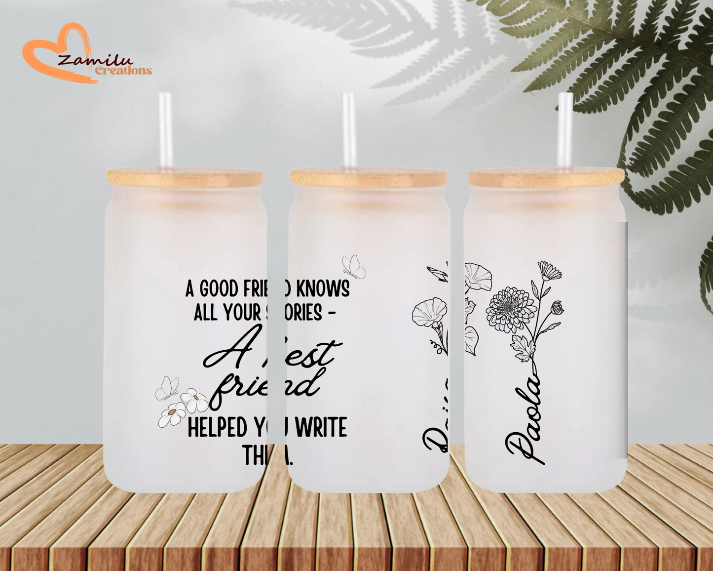 Personalized Best Friends Glass Cup – 16 oz Birth Month Flower Glass Can, Friendship Gift for Her, Matching Bestie Cups