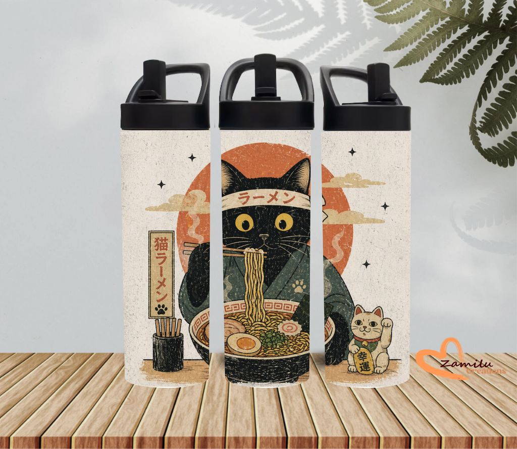 Kawaii Black Cat Ramen - 20oz Skinny Tumbler Sublimation Wrap