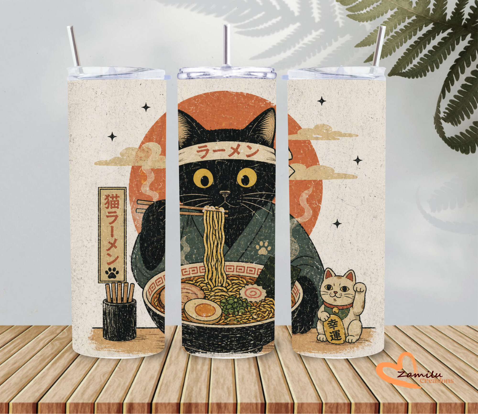 Kawaii Black Cat Ramen - 20oz Skinny Tumbler Sublimation Wrap