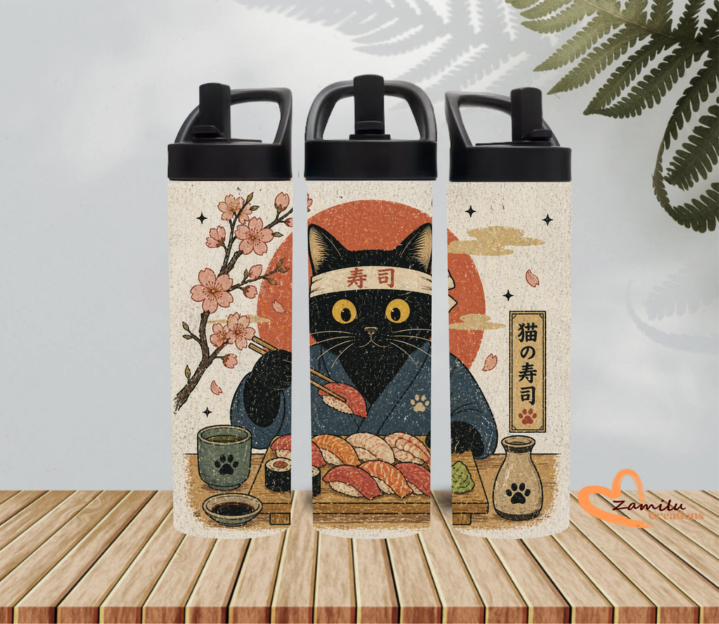 Kawaii Black Cat Sushi & Sakura - 20oz Stainless Steel Tumbler