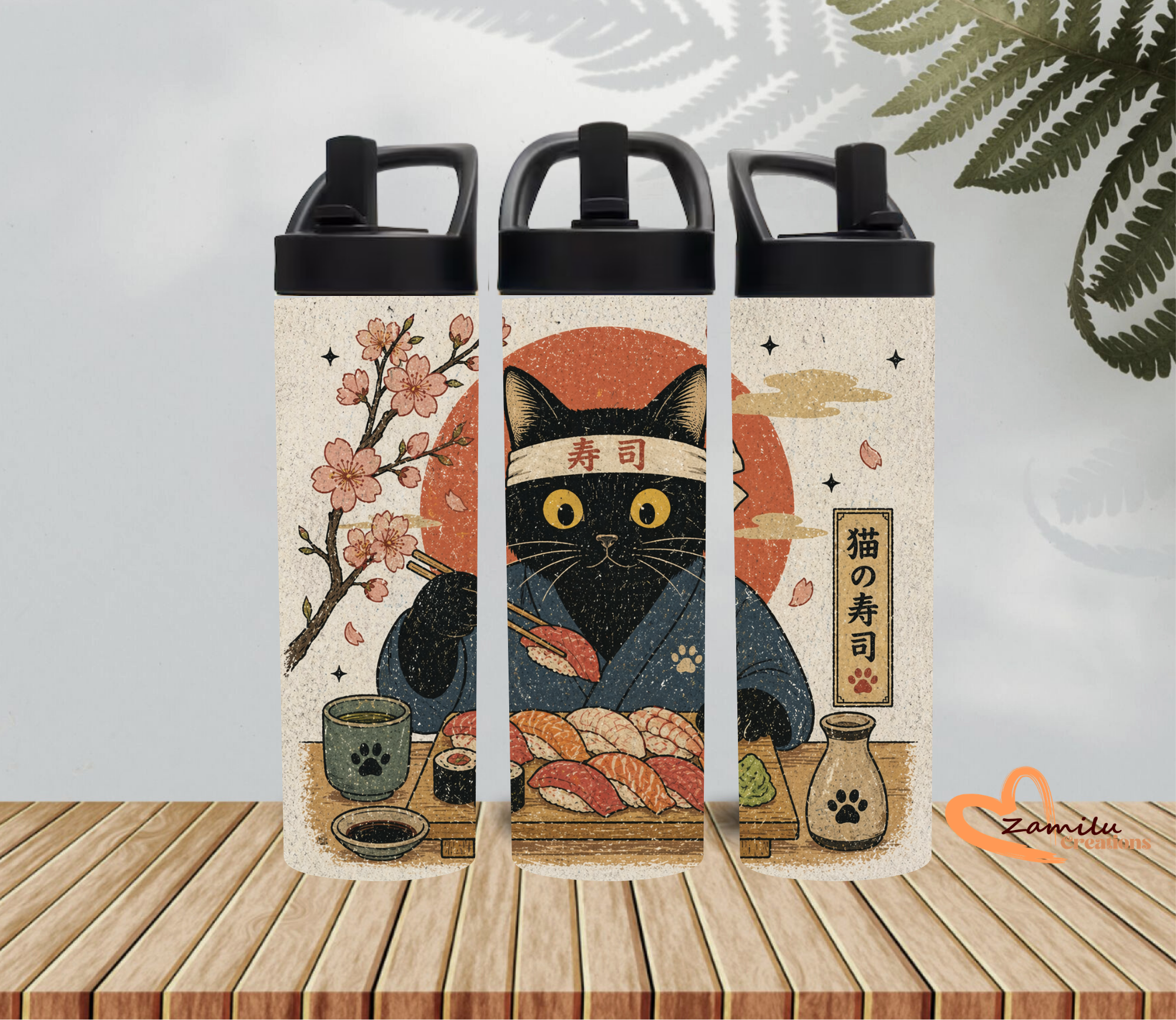 Kawaii Black Cat Sushi & Sakura - 20oz Stainless Steel Tumbler