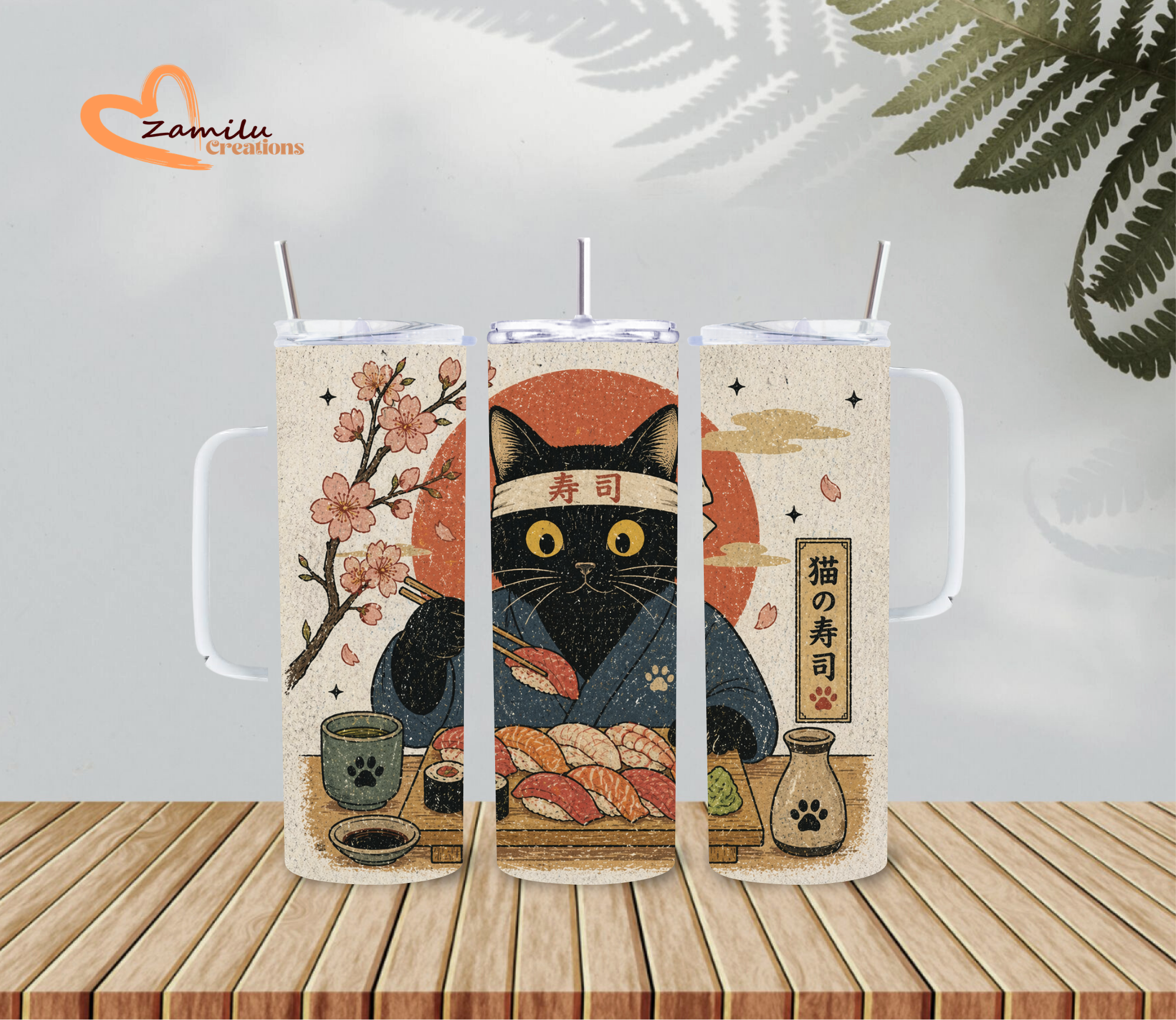 Kawaii Black Cat Sushi & Sakura - 20oz Stainless Steel Tumbler