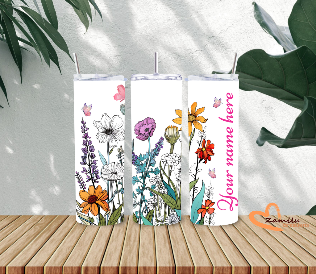 personalized floral butterfly tumbler custom name wildflower stainless steel 20 oz tumbler gift for her