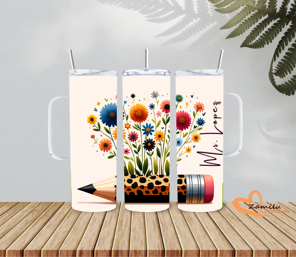 Personalized Floral Teacher Tumbler 20oz | Custom Name Water Bottle | Back to School Gift | Teacher Appreciation Cup with Pencil Design