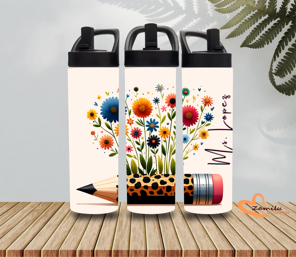 Personalized Floral Teacher Tumbler 20oz | Custom Name Water Bottle | Back to School Gift | Teacher Appreciation Cup with Pencil Design