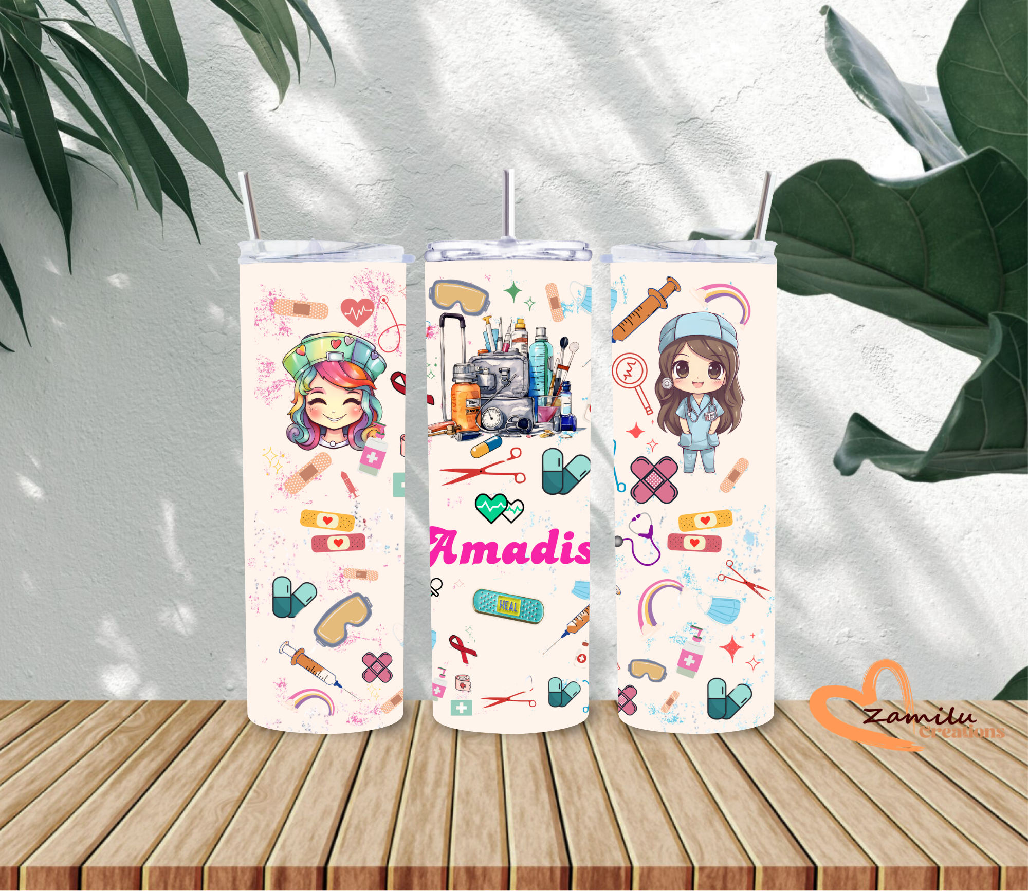Personalized Nurse Tumbler 20oz | Custom Name Medical Cup | Cute Nurse Gift | RN CNA Healthcare Worker Gift | Pink Medical Theme Tumbler
