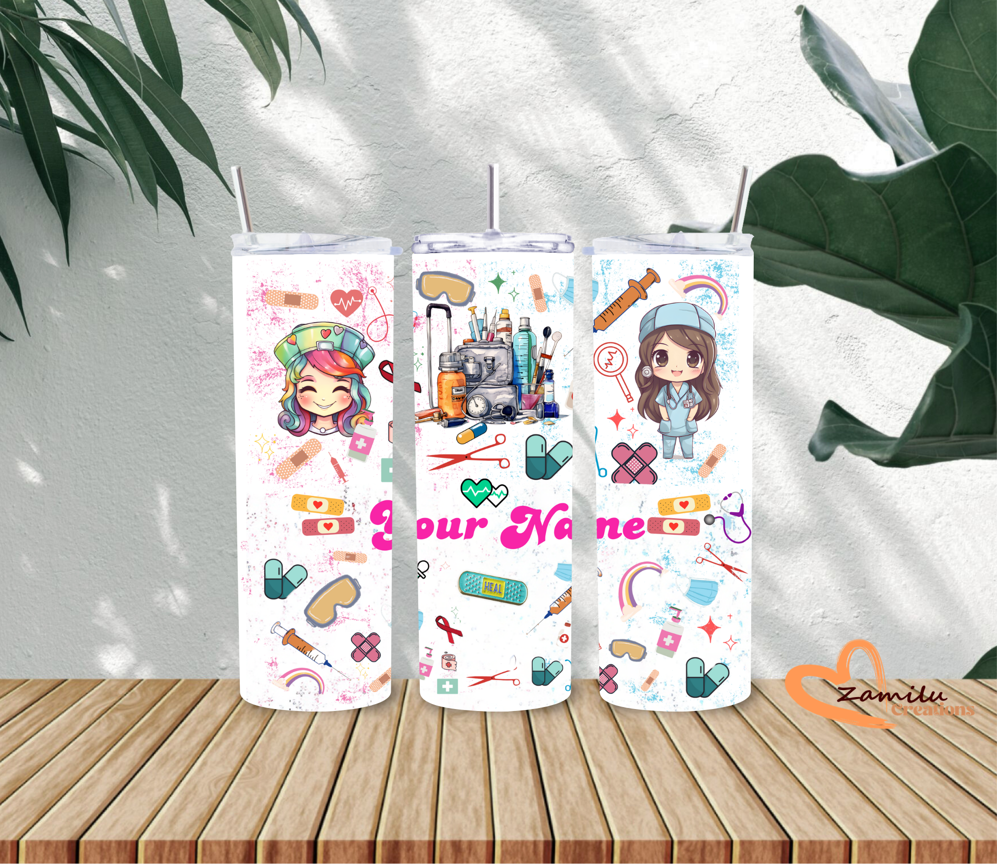 Personalized Nurse Tumbler 20oz | Custom Name Medical Cup | Cute Nurse Gift | RN CNA Healthcare Worker Gift | Pink Medical Theme Tumbler