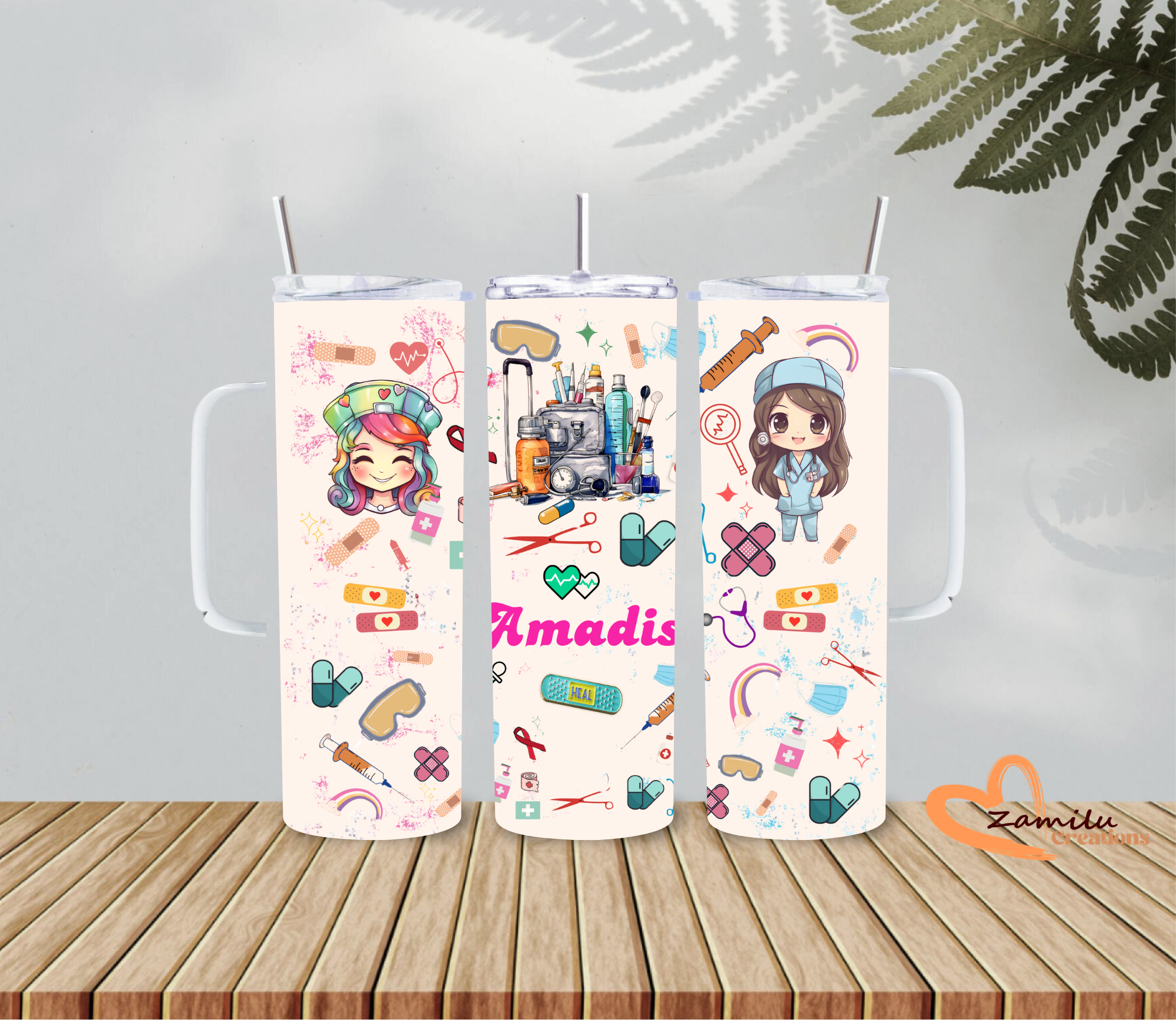 Personalized Nurse Tumbler 20oz | Custom Name Medical Cup | Cute Nurse Gift | RN CNA Healthcare Worker Gift | Pink Medical Theme Tumbler
