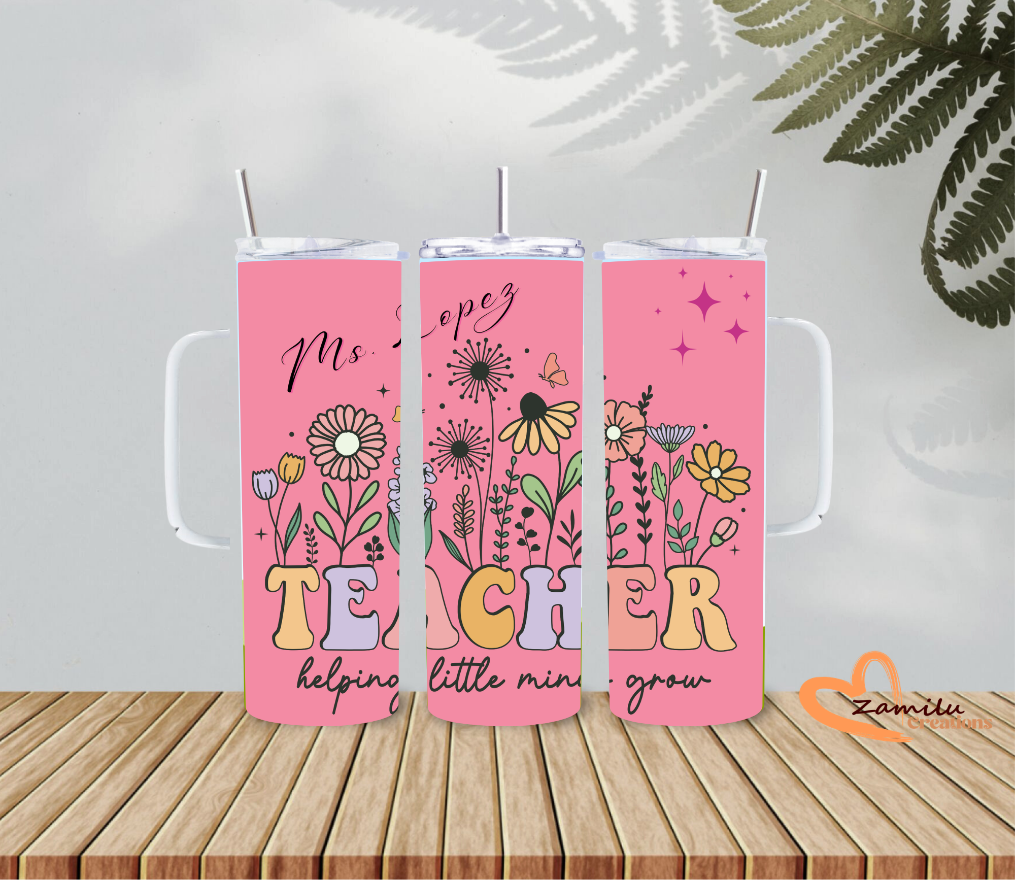 Personalized Teacher Tumbler 20oz | Custom Name Floral Teacher Cup | Helping Little Minds Grow Gift | Teacher Appreciation Gift | Back to School Tumbler