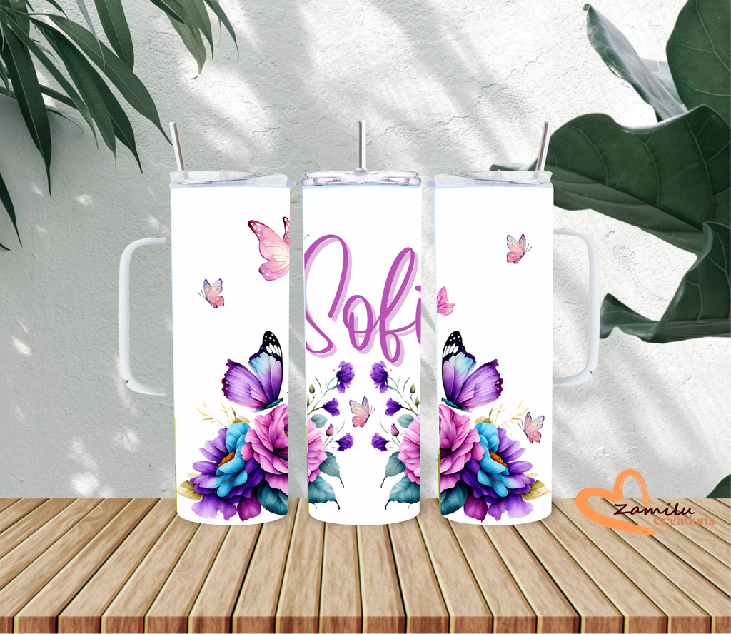 Personalized Floral Butterfly Tumbler 20 oz, Custom Name Cup, Watercolor Flower Tumbler, Birthday Gift for Mom, Grandma, Nana, Gift for Her