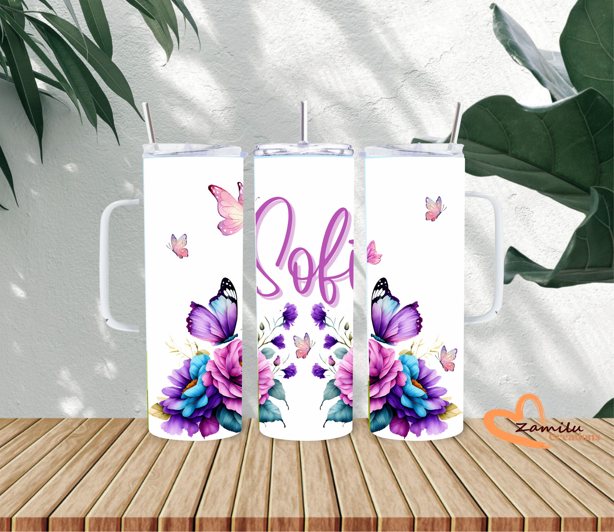 Personalized Floral Butterfly Tumbler 20 oz, Custom Name Cup, Watercolor Flower Tumbler, Birthday Gift for Mom, Grandma, Nana, Gift for Her