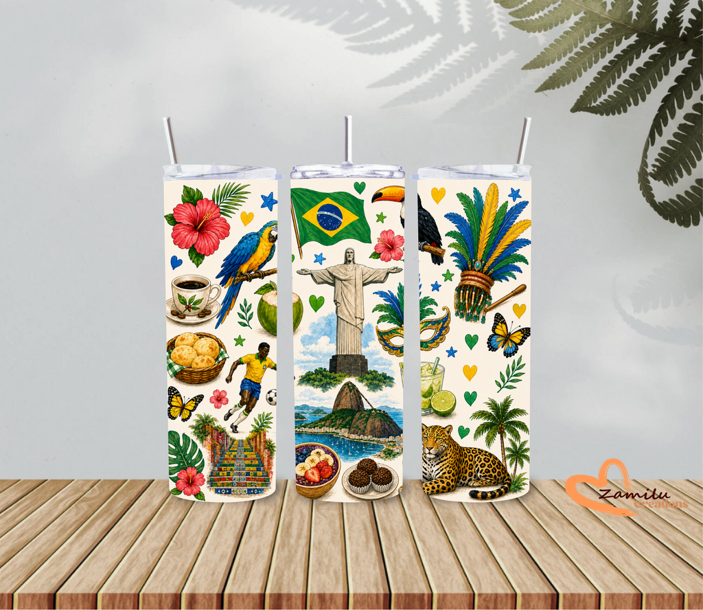 Brazil Tumbler 20 Oz | Personalized Brazil Gift | Brazilian Culture Travel Mug | Soccer Lover Tumbler | Rio de Janeiro Stainless Steel Cup
