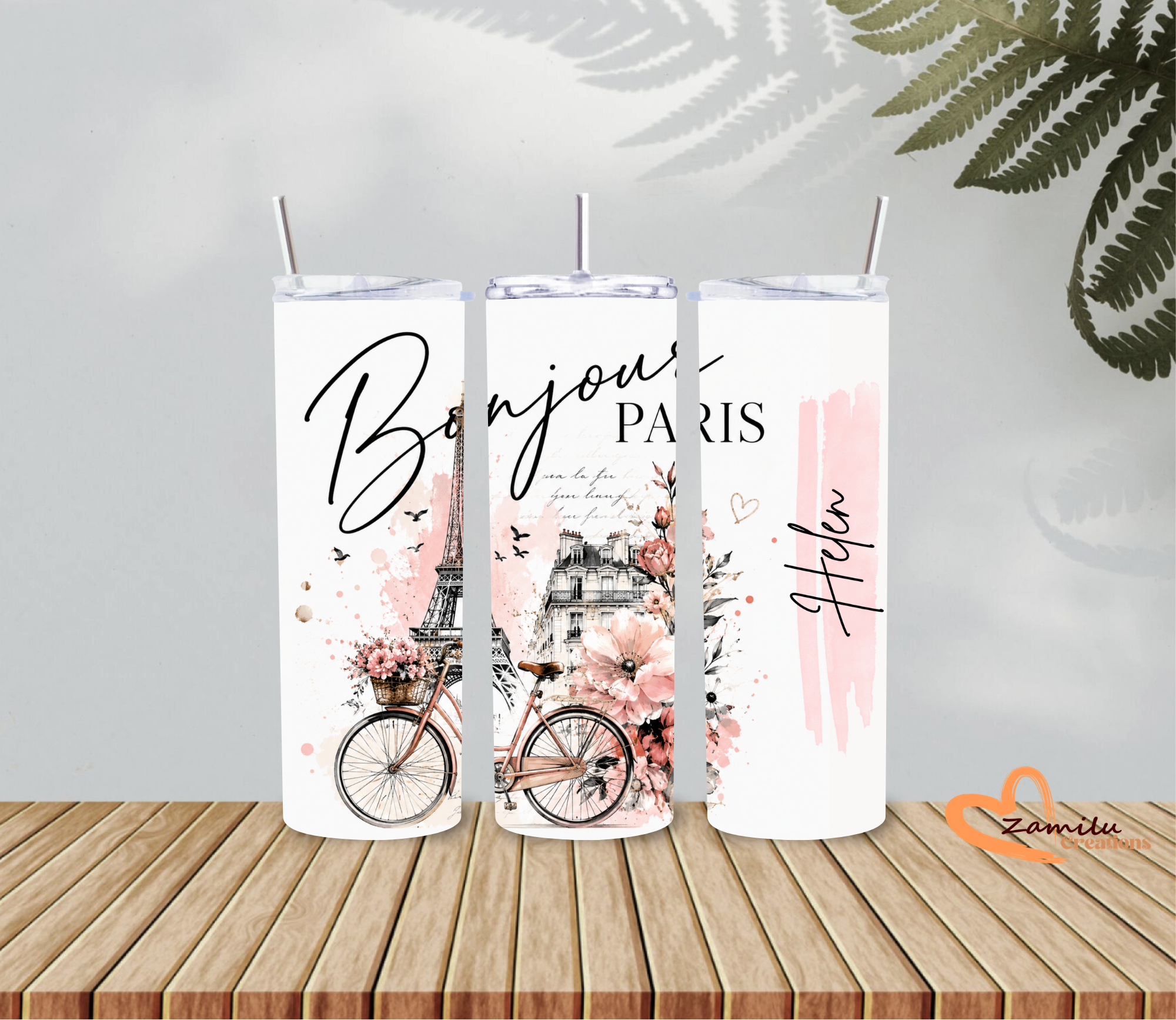Personalized Paris Tumbler 20oz | Custom Name Travel Mug | Eiffel Tower Floral Cup | Paris Lover Gift for Her | French Inspired Coffee Cup