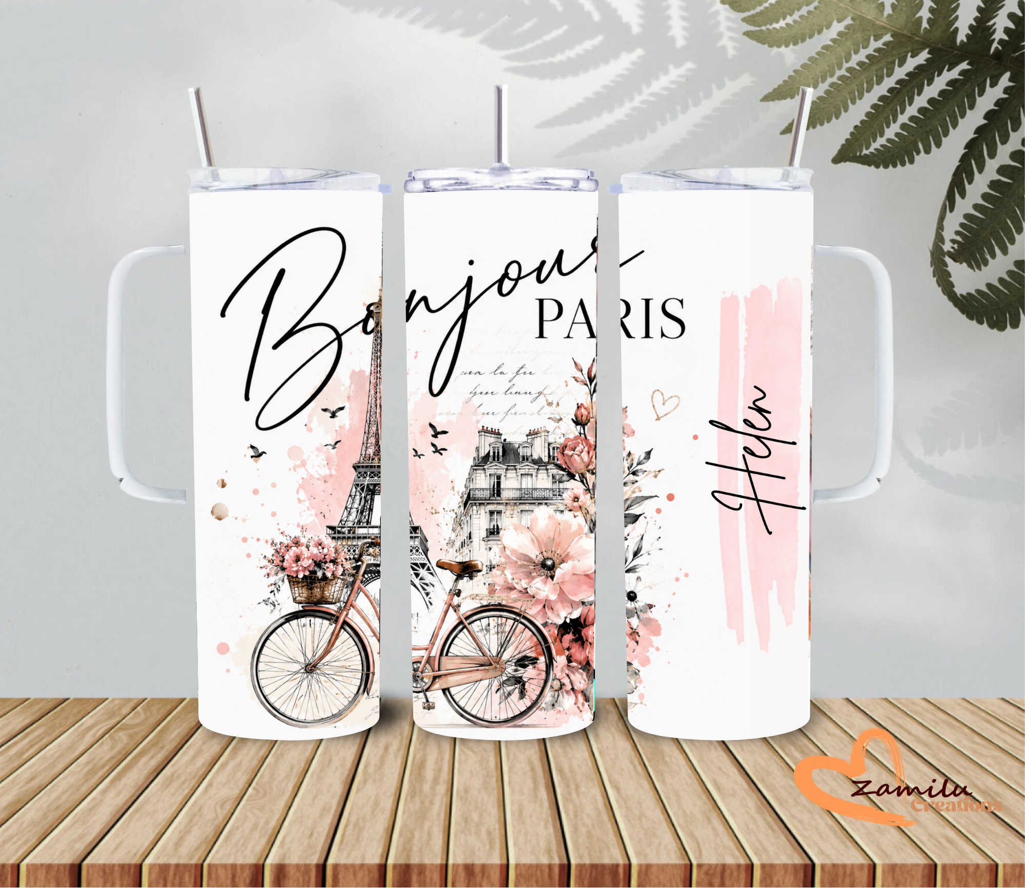Personalized Paris Tumbler 20oz | Custom Name Travel Mug | Eiffel Tower Floral Cup | Paris Lover Gift for Her | French Inspired Coffee Cup