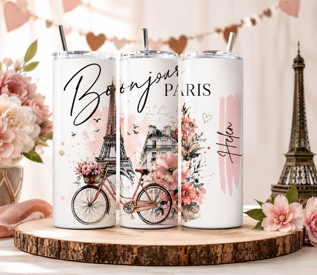Personalized Paris Tumbler 20oz | Custom Name Travel Mug | Eiffel Tower Floral Cup | Paris Lover Gift for Her | French Inspired Coffee Cup
