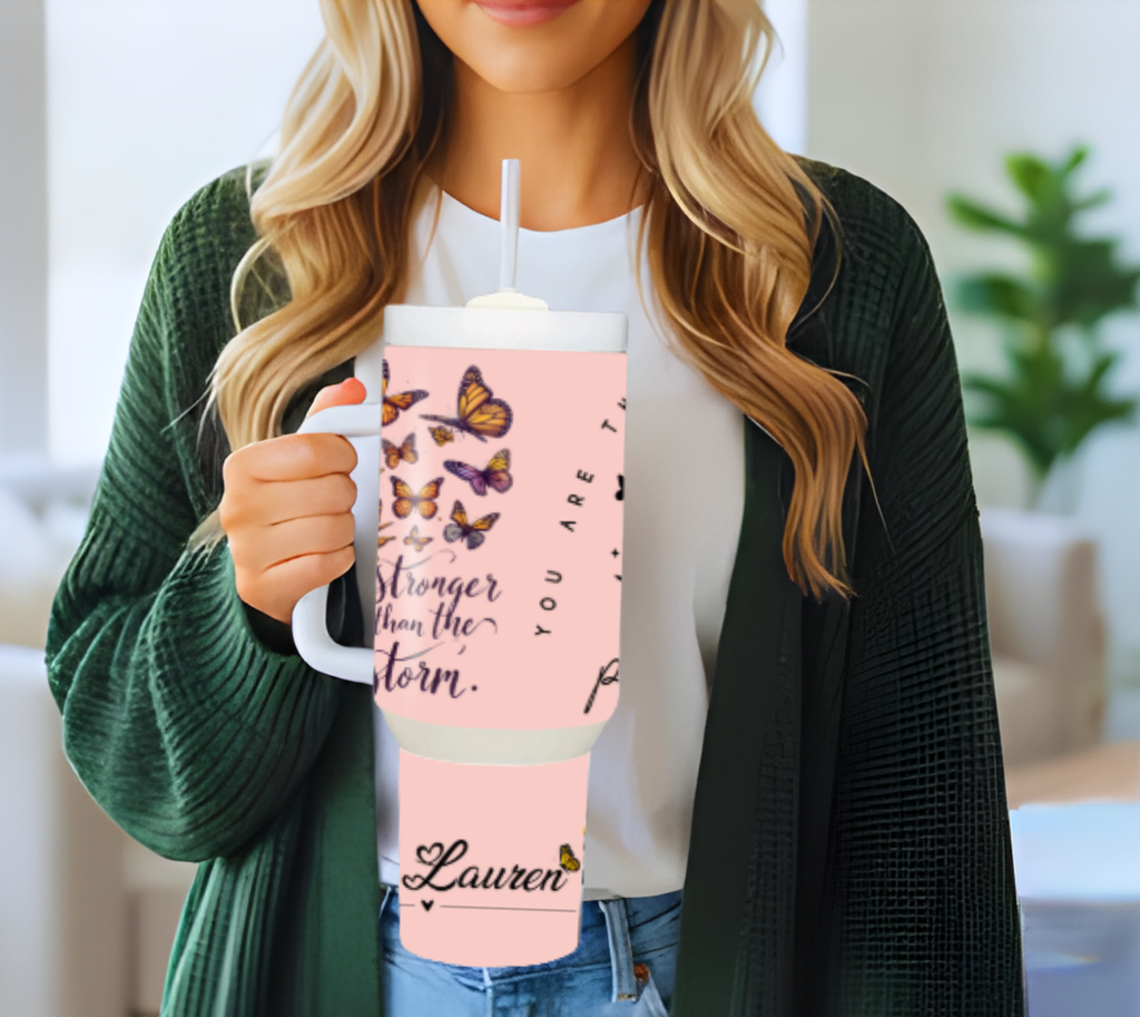 Stronger Than The Storm Tumbler – 30 oz & 40 oz Personalized Mental Health Inspirational Cup, Daily Reminder with Name