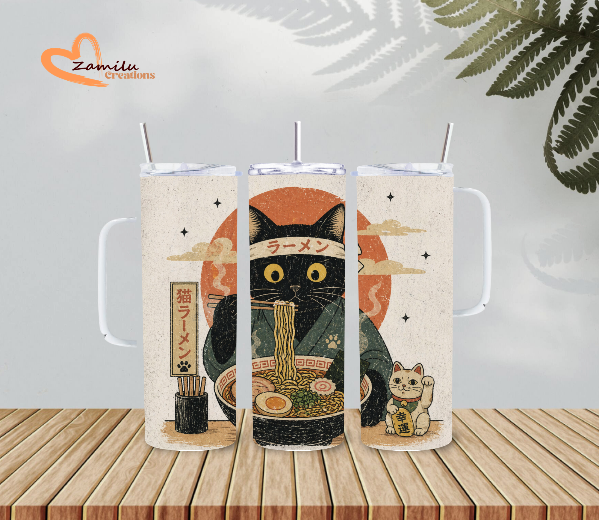 Kawaii Black Cat Ramen - 20oz Skinny Tumbler Sublimation Wrap