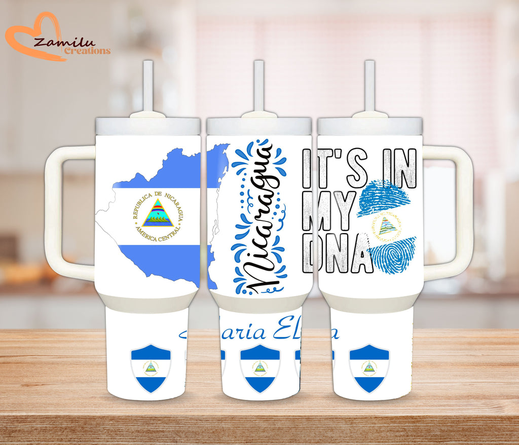 Nicaragua Tumbler with Handle 40oz 30oz, Personalized Nicaragua Gift, Custom Stainless Steel Travel Mug, Nicaraguan Flag Cup, Gift for Her