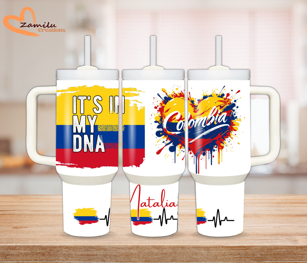 Personalized Colombia Tumbler 40oz with Handle – Custom Name Colombian Flag Travel Mug – Gift for Colombians