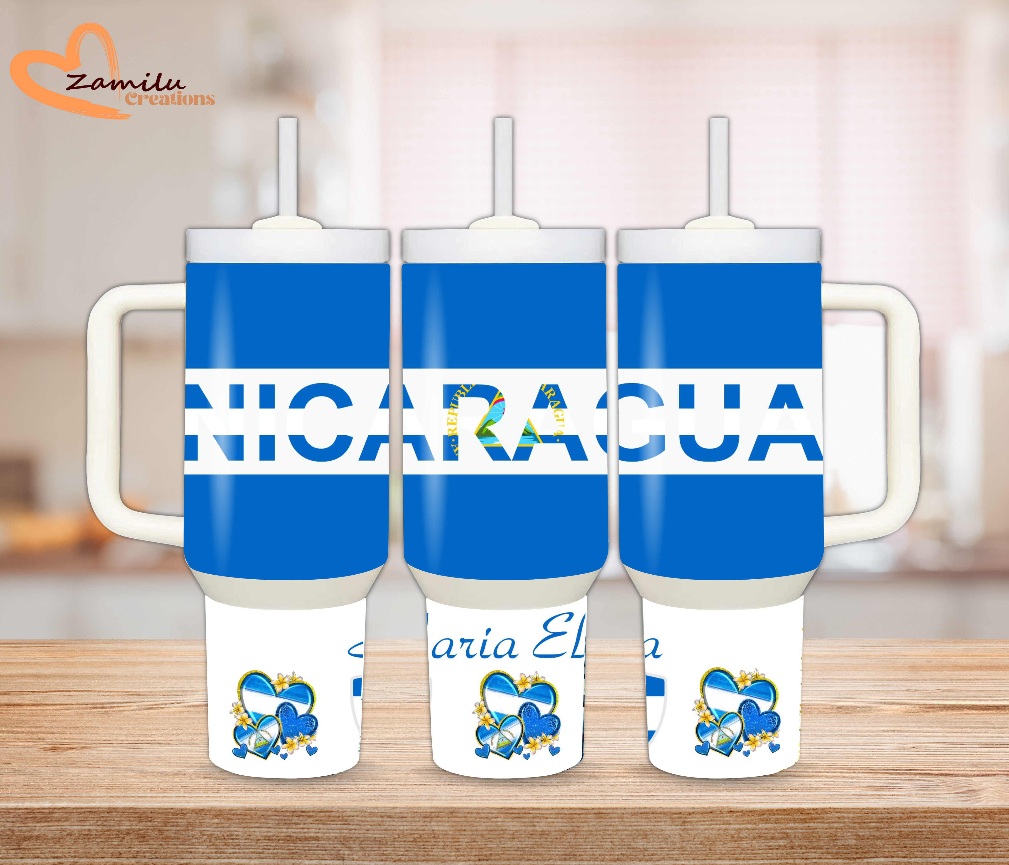 Nicaragua Tumbler with Handle 40oz 30oz, Personalized Nicaragua Gift, Custom Stainless Steel Travel Mug, Nicaraguan Flag Cup, Gift for Her