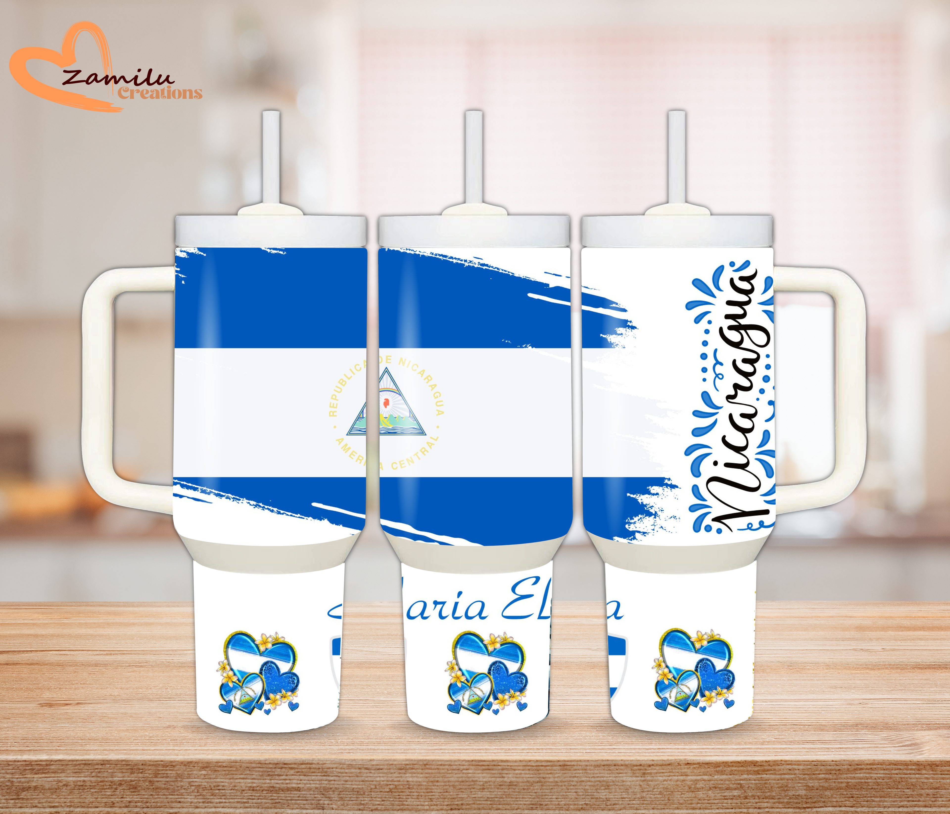 Nicaragua Tumbler with Handle 40oz 30oz, Personalized Nicaragua Gift, Custom Stainless Steel Travel Mug, Nicaraguan Flag Cup, Gift for Her