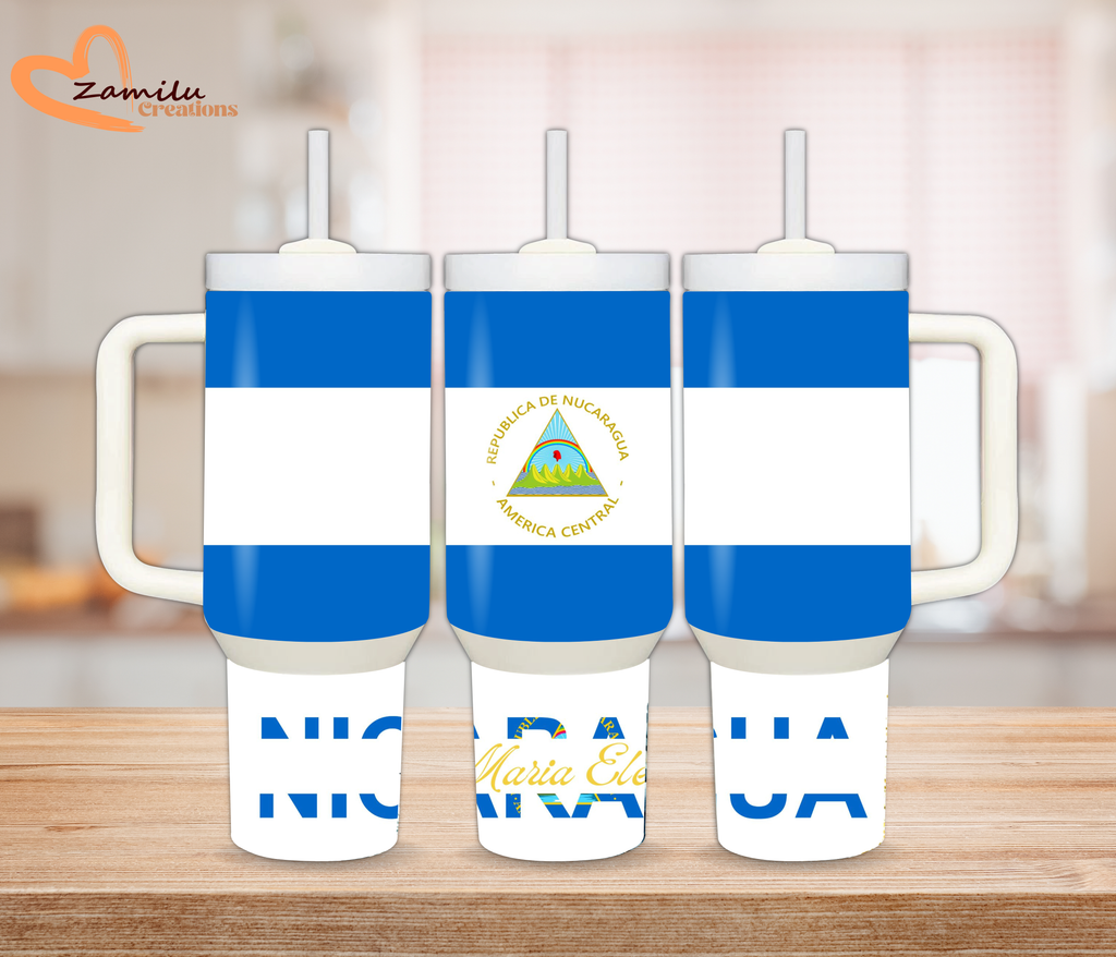 Nicaragua Tumbler with Handle 40oz 30oz, Personalized Nicaragua Gift, Custom Stainless Steel Travel Mug, Nicaraguan Flag Cup, Gift for Her