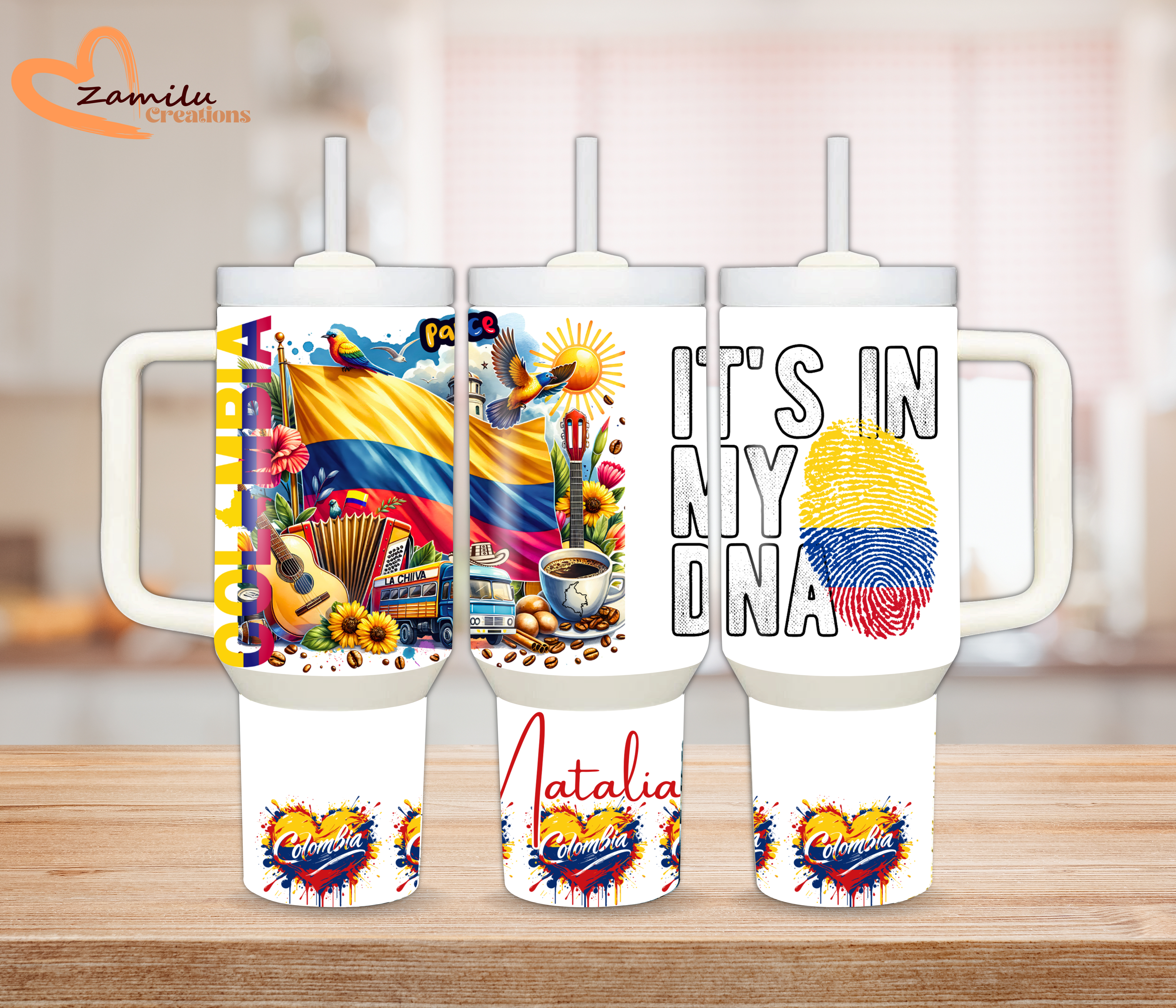 Personalized Colombia Tumbler 40oz with Handle – Custom Name Colombian Flag Travel Mug – Gift for Colombians