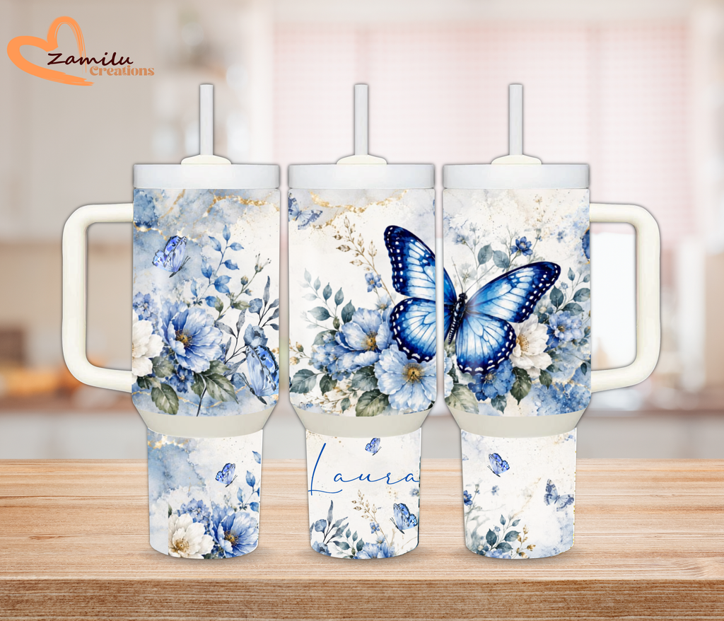 Personalized Butterfly and Blue Floral Tumbler, Custom Stainless Steel Water Bottle with Name, Cute Gift for Her 30oz 40oz