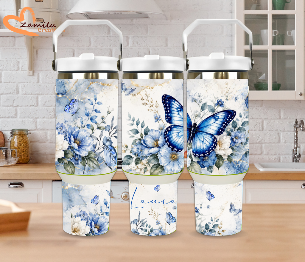 Personalized Butterfly and Blue Floral Tumbler, Custom Stainless Steel Water Bottle with Name, Cute Gift for Her 30oz 40oz