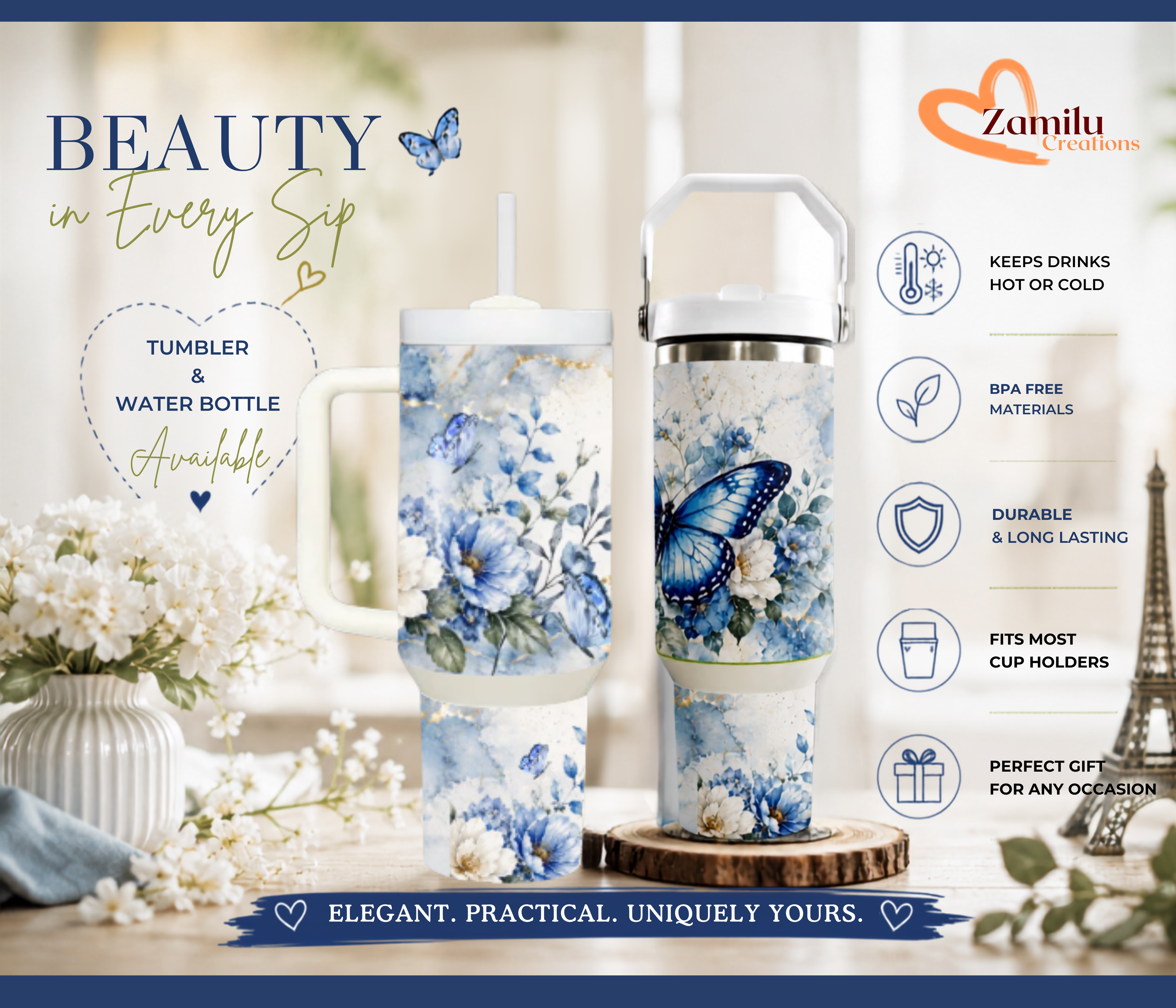 Personalized Butterfly and Blue Floral Tumbler, Custom Stainless Steel Water Bottle with Name, Cute Gift for Her 30oz 40oz
