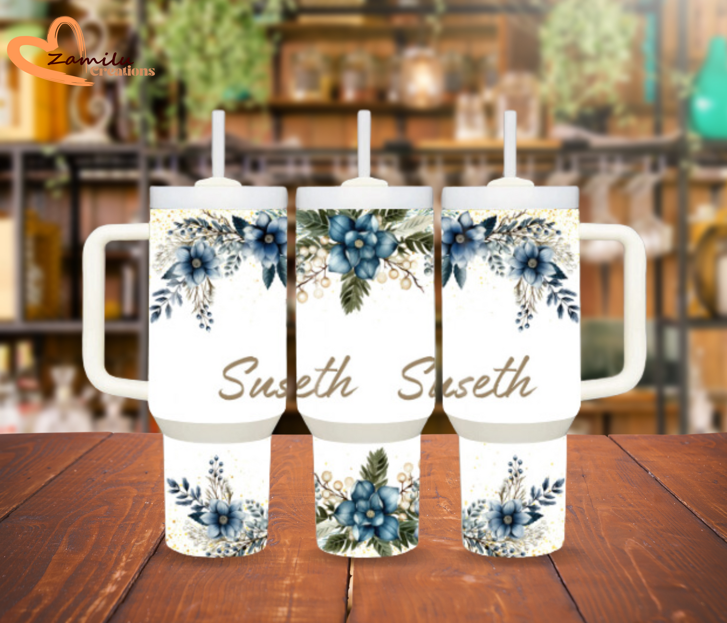 Blue Flowers with your name, 30 oz - 40 Oz custom tumbler
