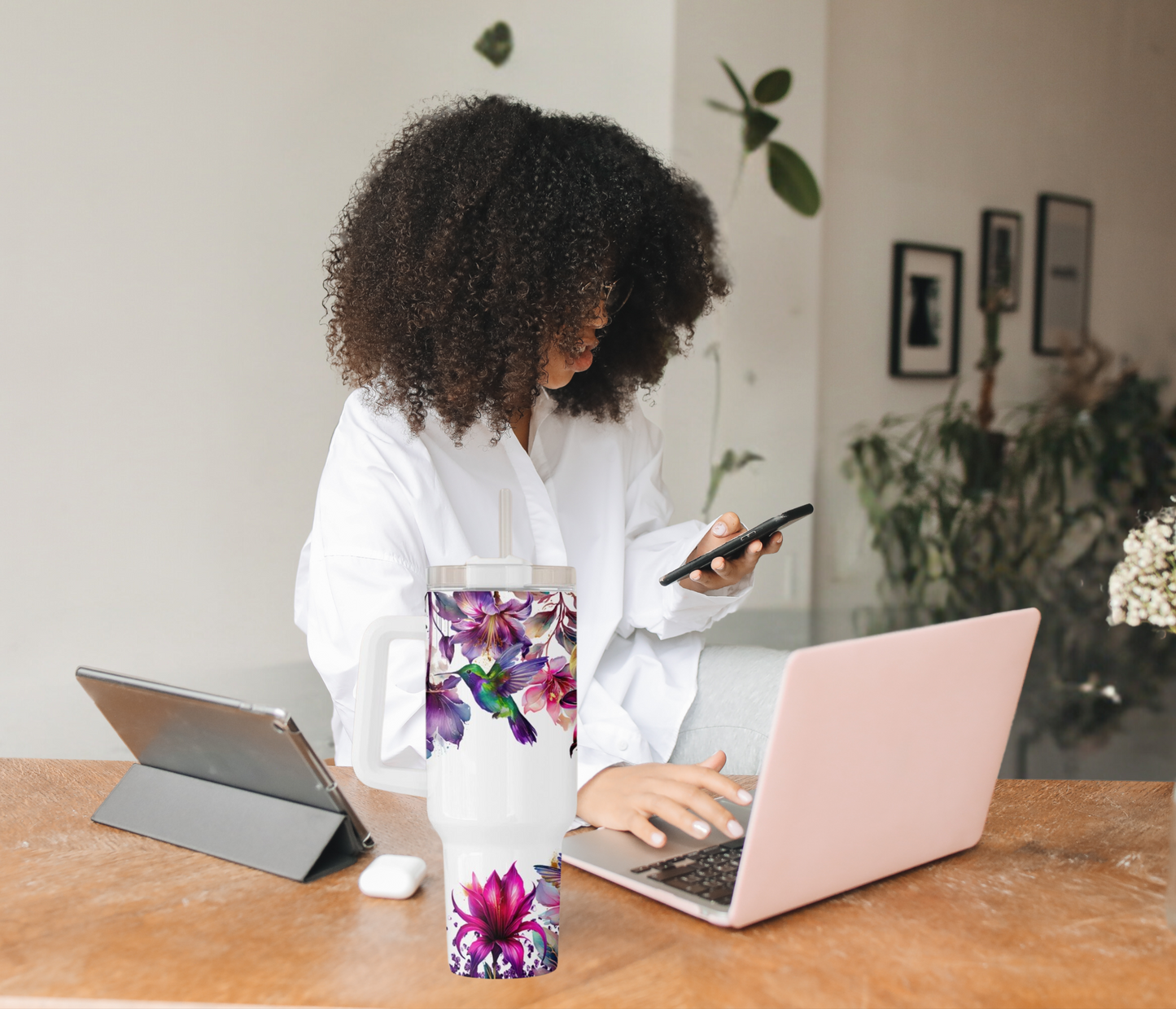 Purple flowers & hummingbirds 30 oz - 40 Oz custom tumbler with name