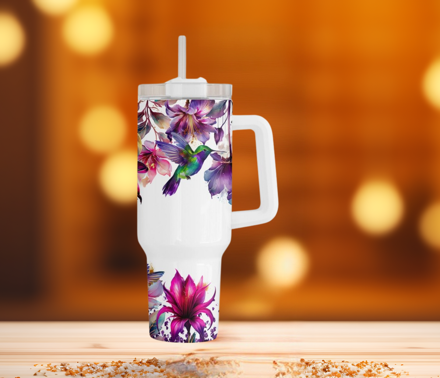 Purple flowers & hummingbirds 30 oz - 40 Oz custom tumbler with name