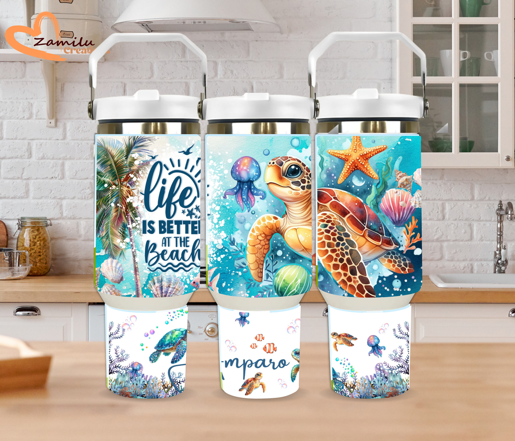 Sea Turtle Paradise Tumbler – 30 oz or 40 oz Personalized Stainless Steel Ocean Cup, Beach Lover Gift