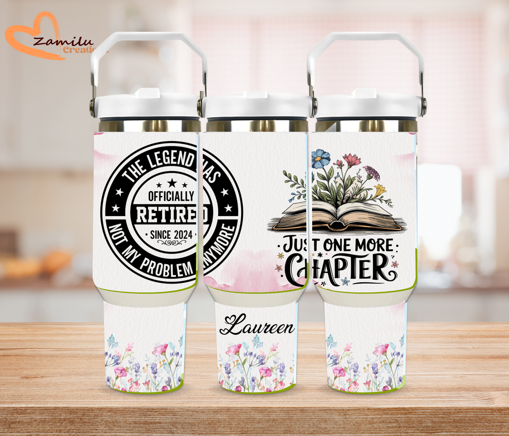 Personalized Retirement Tumbler for Women – “Just One More Chapter” Stainless Steel Water Bottle, Custom Retirement Gift