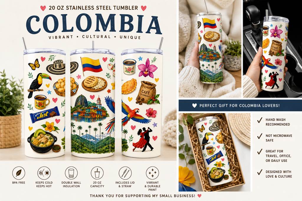 Colombian Tumbler 20oz | Colombian Gift | Colombian Heritage Personalized Gift, Orgullo Colombiano, Guatape