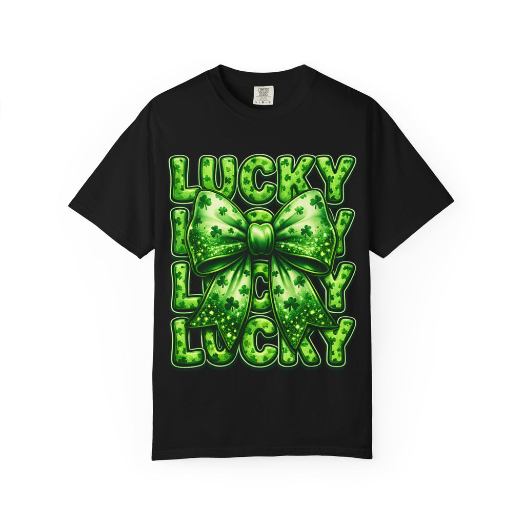 Lucky Shamrock Bow T-Shirt – St. Patrick’s Day Shirt for Women, Cute Clover Graphic Tee