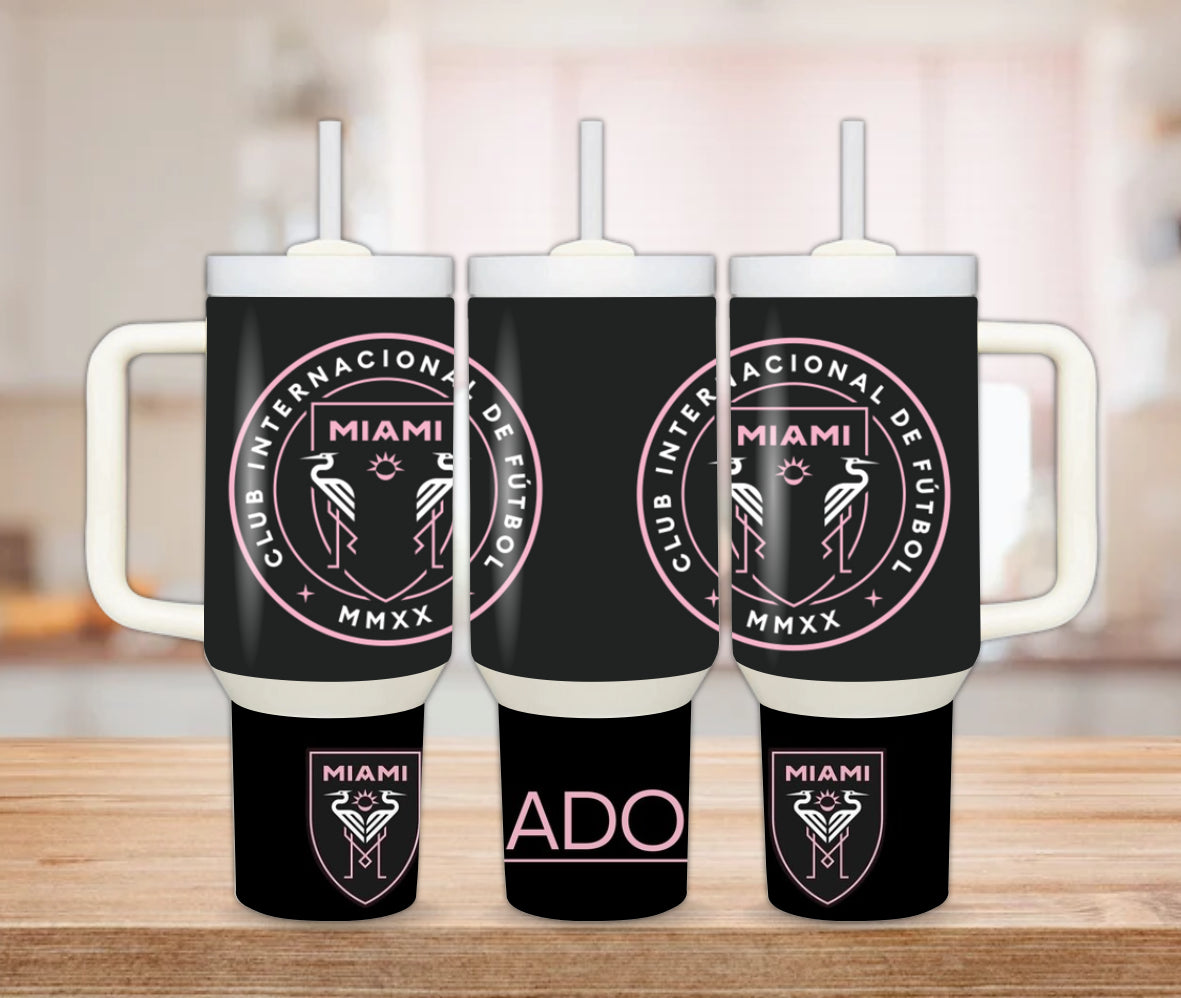Personalized Inter Miami 30 or 40 oz Tumbler with Handle – Messi Soccer Cup – Custom Stainless Steel Water Bottle – Gift for Soccer Fans & Athletes