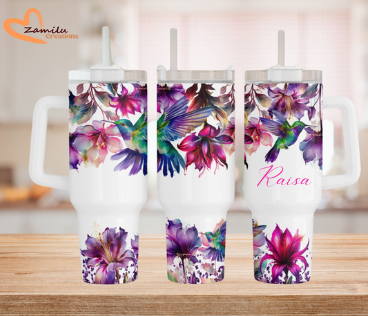Purple flowers & hummingbirds 30 oz - 40 Oz custom tumbler with name