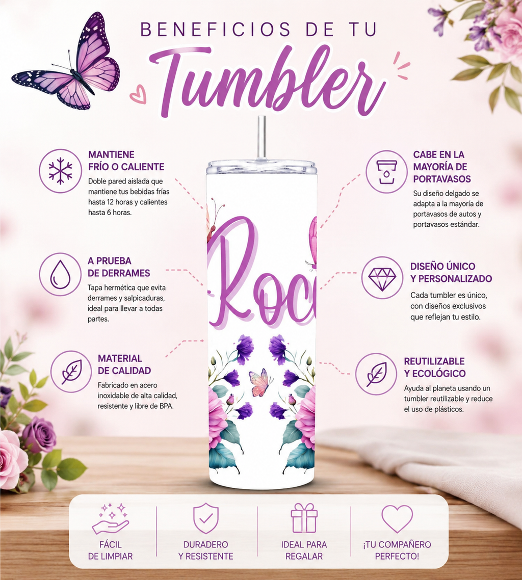 Personalized Floral Butterfly Tumbler 20 oz, Custom Name Cup, Watercolor Flower Tumbler, Birthday Gift for Mom, Grandma, Nana, Gift for Her