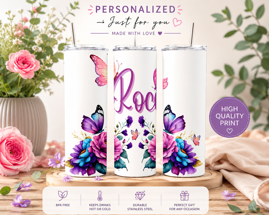 Personalized Floral Butterfly Tumbler 20 oz, Custom Name Cup, Watercolor Flower Tumbler, Birthday Gift for Mom, Grandma, Nana, Gift for Her