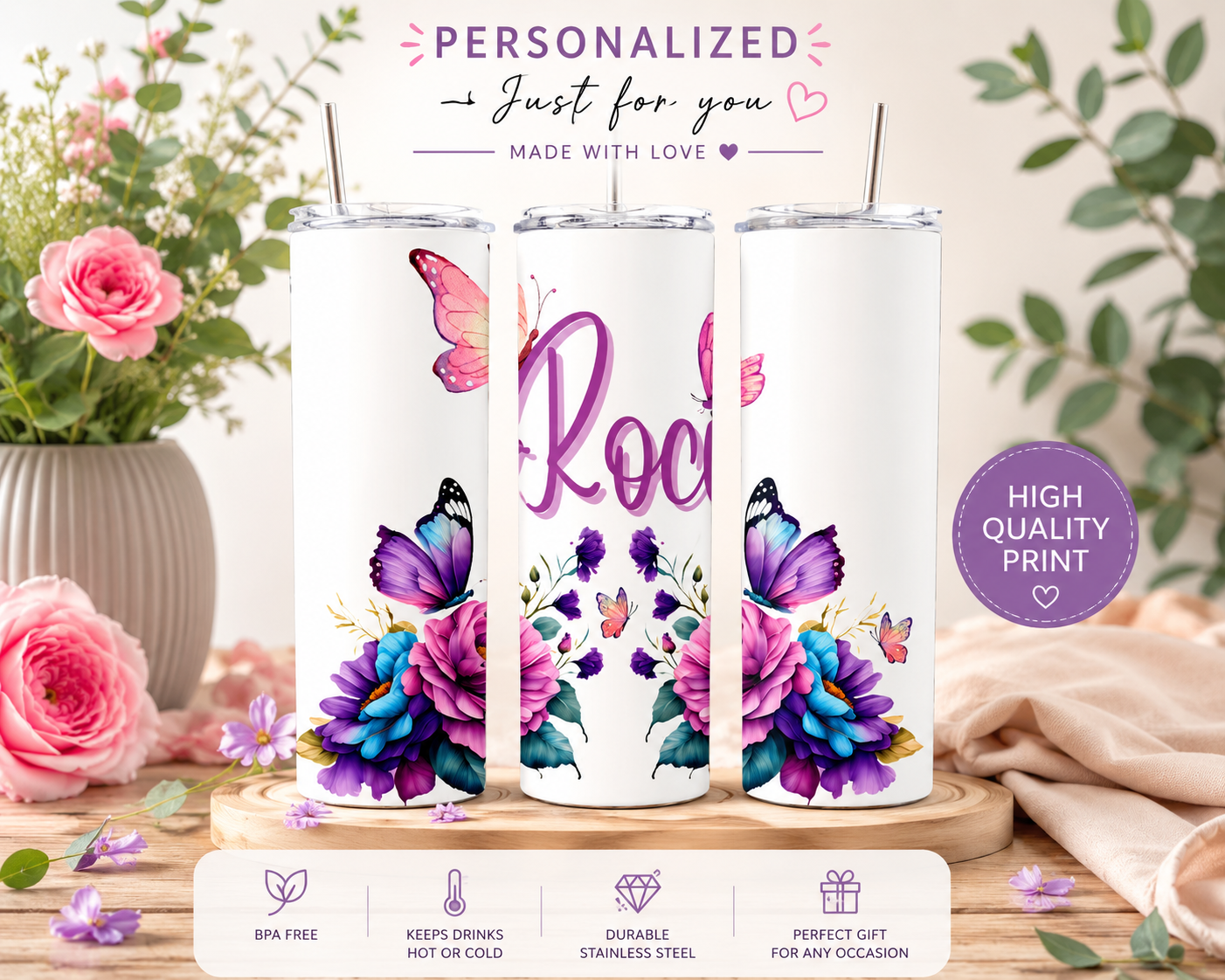 Personalized Floral Butterfly Tumbler 20 oz, Custom Name Cup, Watercolor Flower Tumbler, Birthday Gift for Mom, Grandma, Nana, Gift for Her